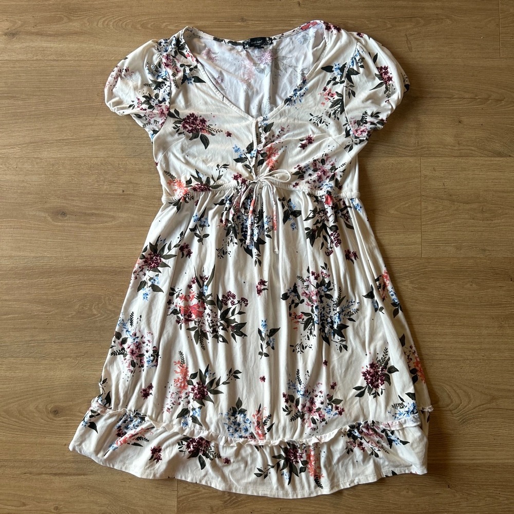 Derek Heart‎ Floral Puff Sleeve V-Neck Ruffle Hem Dress Cream Medium